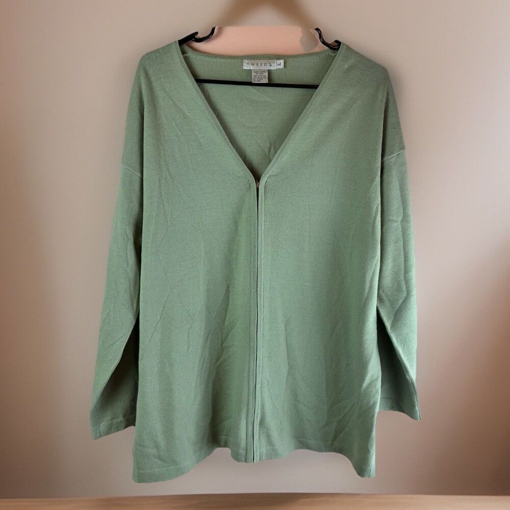 Tweeds Women’s Light Green Merino Wool Zip Cardigan Sweater Size Large VTG
